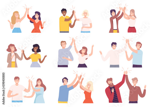 Happy People Characters Giving High Five to Each Other Vector Illustration Set