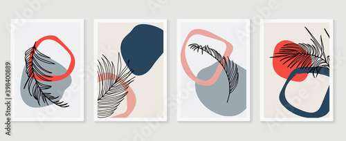 Palm leaves wall art vector set. Earth tone boho foliage line art drawing with  abstract shape.  Tropical Plant Art design for print, cover, wallpaper, Minimal and  natural wall art.