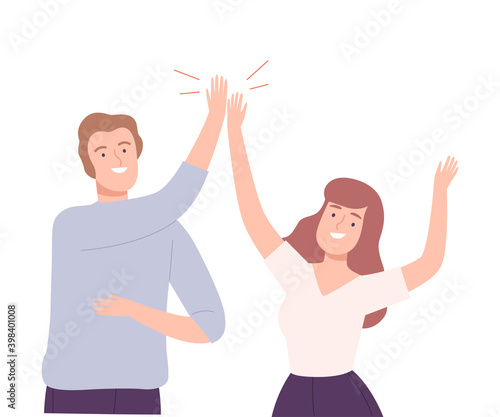 Happy Man and Woman Giving High Five to Each Other Vector Illustration