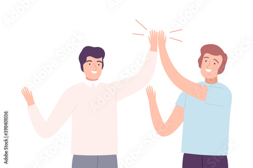 Happy Men Giving High Five to Each Other Vector Illustration