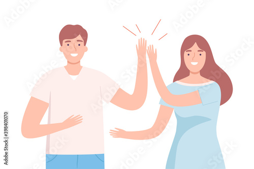 Excited Man and Woman Giving High Five to Each Other Vector Illustration