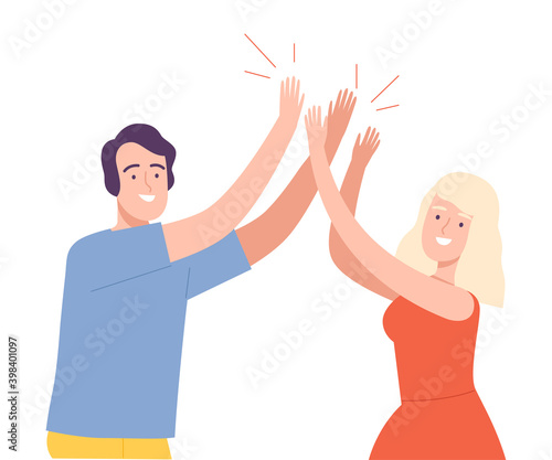 Excited Man and Woman Giving High Five to Each Other Vector Illustration