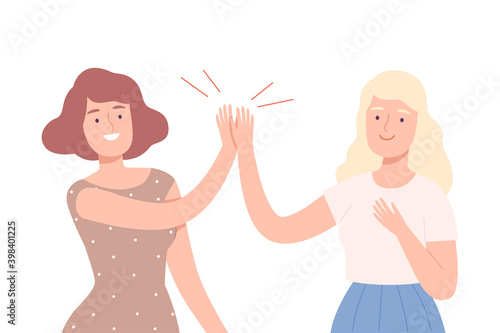 Young Woman Giving High Five to Each Other Vector Illustration