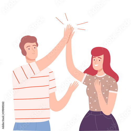 Young Man and Woman Giving High Five to Each Other Vector Illustration