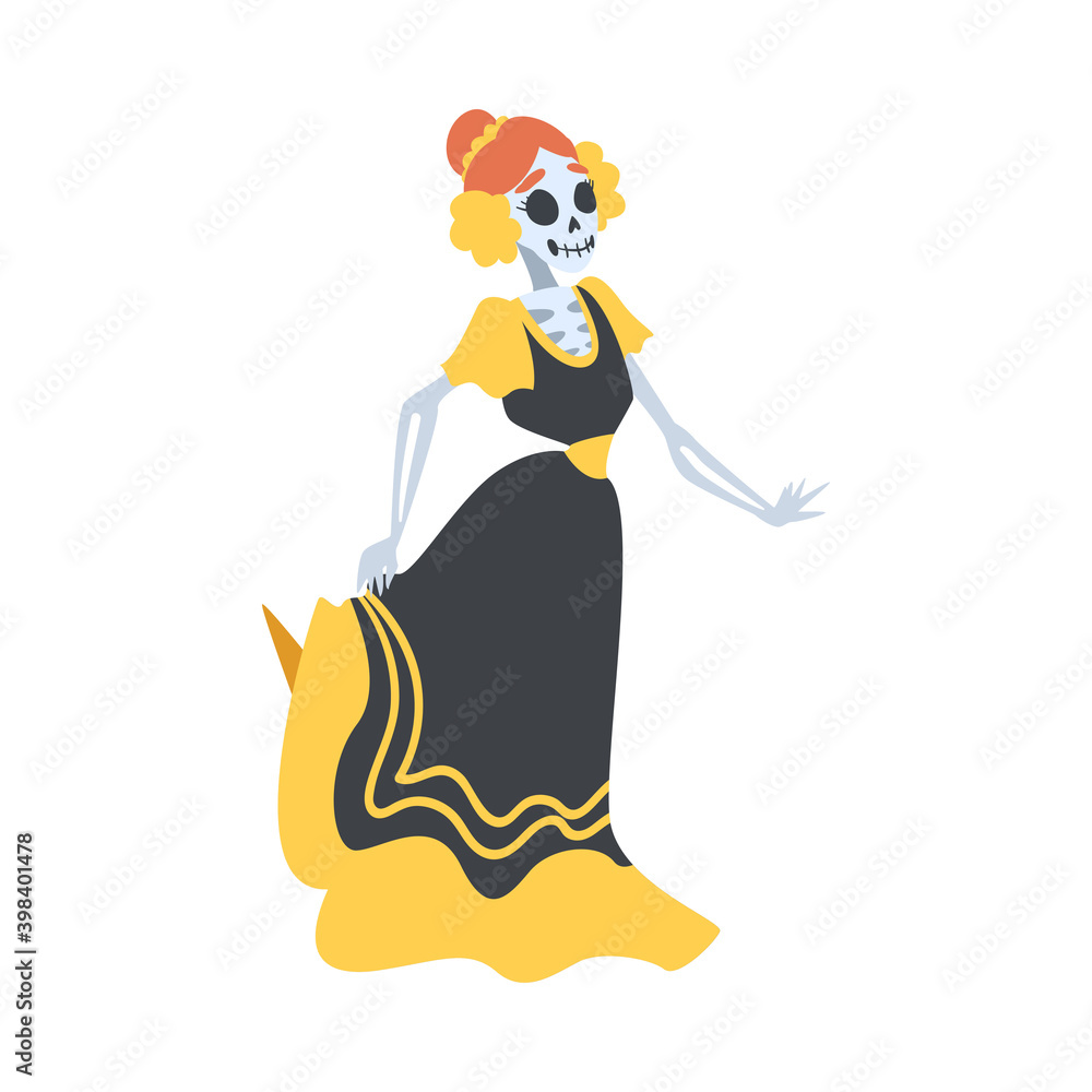 Woman Skeleton in Mexican Traditional Black and Yellow Dress Dancing, Dia de Muertos, Day of the Dead Cartoon Style Vector Illustration