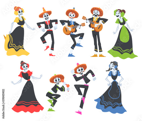 Skeletons in Mexican Traditional Costumes Dancing and Playing Music Instruments Set, Day of the Dead Cartoon Style Vector Illustration