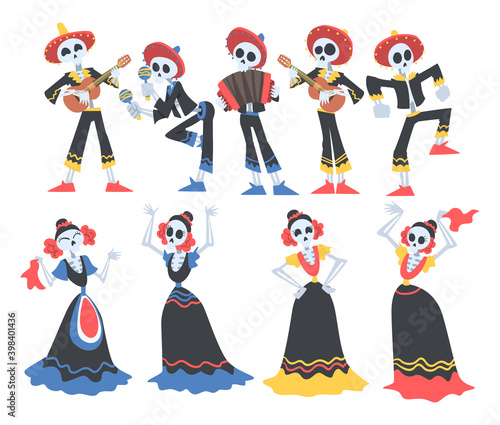 Skeletons in Mexican Traditional Costumes Dancing and Playing Music Instruments Set, Dia de Muertos, Day of the Dead Cartoon Style Vector Illustration