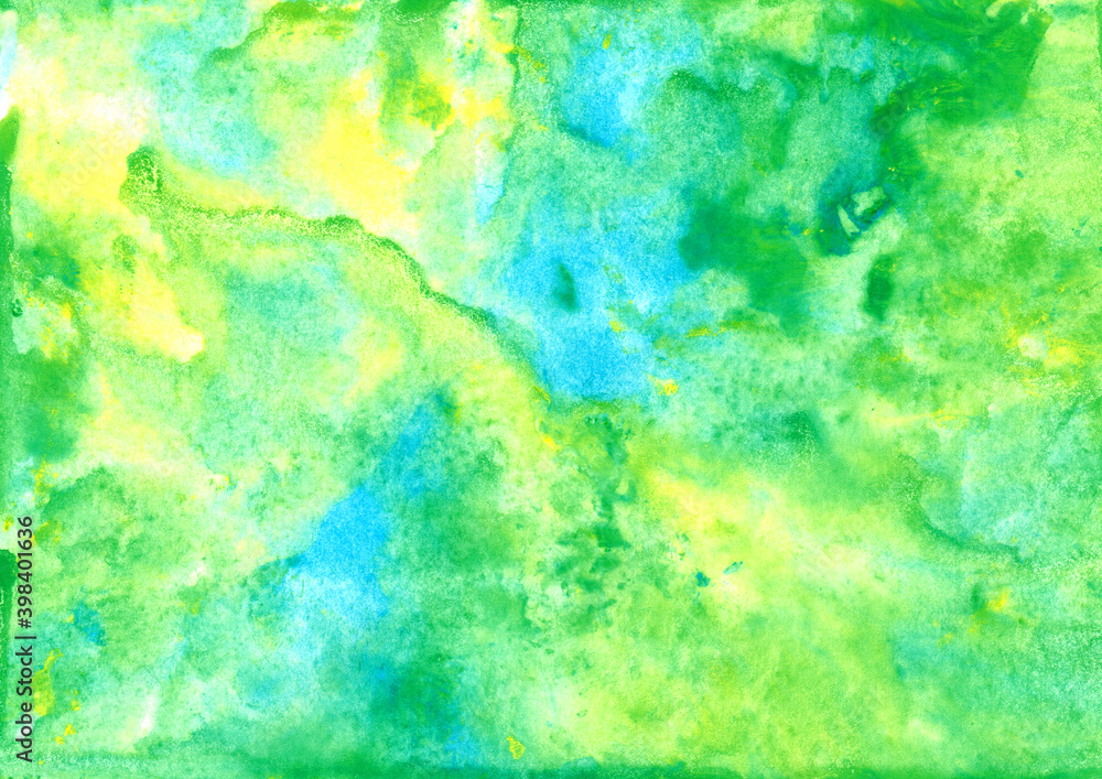 Abstract fluid art background. Blue, cyan, yellow, green and white colors mix together. Beautiful creative print. Abstract art hand paint. Original artwork. Color splashing on paper. Cosmic texture