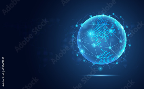 Futuristic blue earth abstract technology background. Artificial intelligence digital transformation and big data concept. Business quantum internet network communication concept. Vector illustration