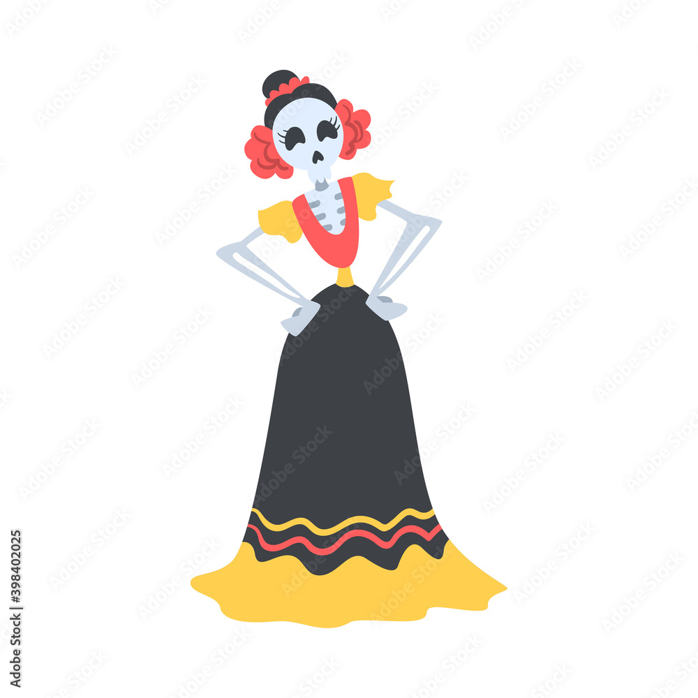 Woman Skeleton Dressed in Mexican Traditional Costume, Dia de Muertos, Day  of the Dead Cartoon Style Vector Illustration Stock Vector | Adobe Stock
