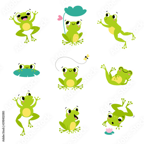 Fotografiet Cute Green Frog Smiling, Jumping, and Croaking Vector Set
