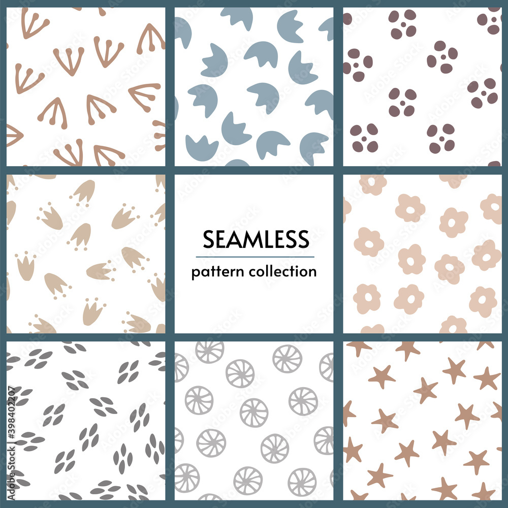 Vector abstract seamless pattern set with flowers, stars and abstract elements