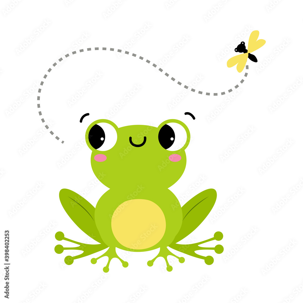 Obraz premium Green Frog with Protruding Eyes Watching Fly Vector Illustration