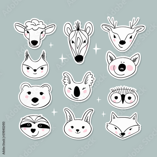 Simple animal portraits stickers - sloth, koala, pig, sheep, zebra, bear, squirrel, hare, fox, owl, deer. Simple drawings for the design of children's products. Flat Vector illustration.
