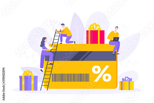 Fototapeta Naklejka Na Ścianę i Meble -  Get loyalty card and customer service business concept flat design vector illustration. Earn loyalty program points and get online reward and gifts. Tiny people with big card and gift box.