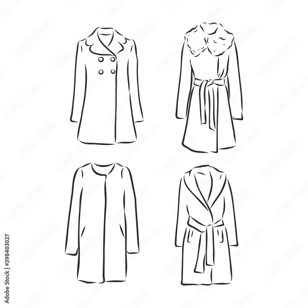 Coat female with long sleeves and pockets. vector. coat, vector sketch illustration. coat vector sketch illustration Coat female with long sleeves and pockets. vector. coat, vector sketch illustration. coat vector sketch illustration