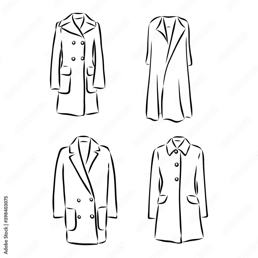 Coat female with long sleeves and pockets. vector. coat, vector sketch illustration. coat vector sketch illustration Coat female with long sleeves and pockets. vector. coat, vector sketch illustration. coat vector sketch illustration