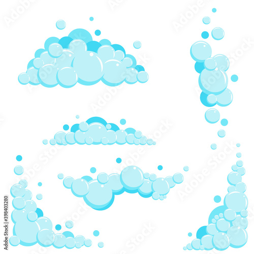 Cartoon soap foam set with bubbles. Light blue suds of bath, shampoo, shaving, mousse. Vector illustration
