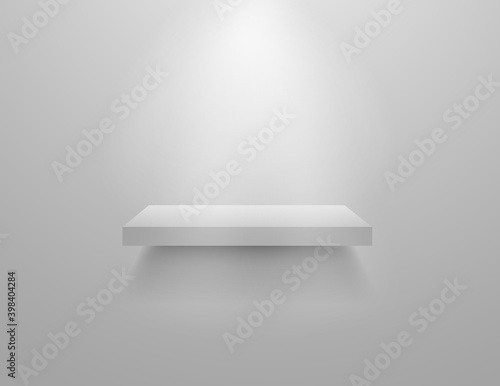 Empty white shelves. Store museum display mockup. Realistic vector interior modern shelf