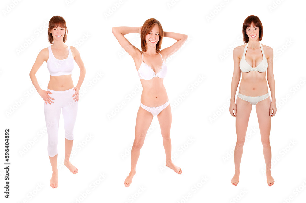 Three full length portraits of an attractive young woman wearing sportswear, swimwear and underwear, isolated in front of white studio background Three full length portraits of an attractive young woman wearing sportswear, swimwear and underwear, isolated in front of white studio background