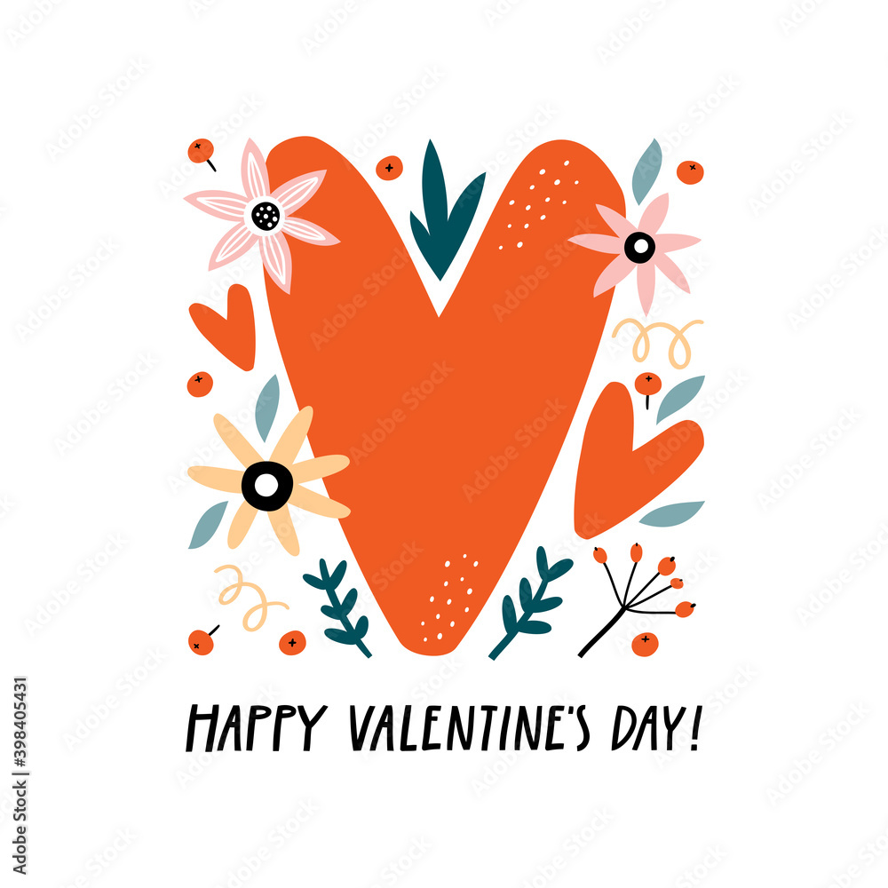 Happy Valentine's Day greeting card with heart, flowers and leaves. Happy Valentine's Day greeting card with heart, flowers and leaves.