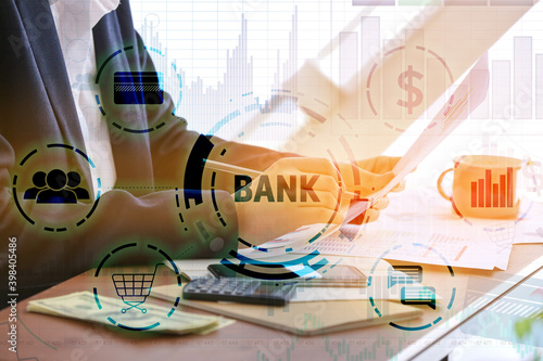 Double exposure of bank man...