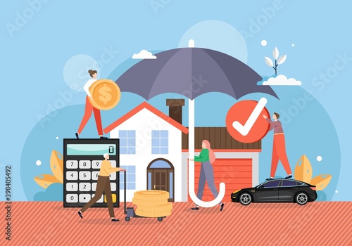 House and car under umbrella, flat vector illustration. Insurance policy services.