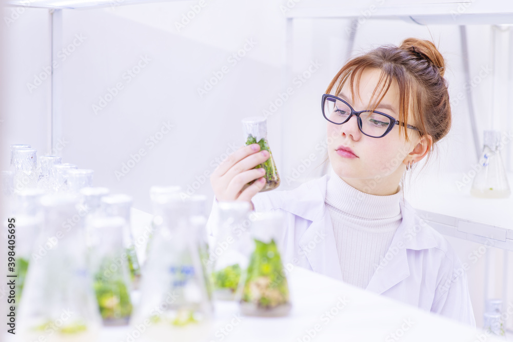 In a biological laboratory, a girl assistant examines a test tube with plants grown in it on a nutrient solution. Eco-friendly plants for farms In a biological laboratory, a girl assistant examines a test tube with plants grown in it on a nutrient solution. Eco-friendly plants for farms