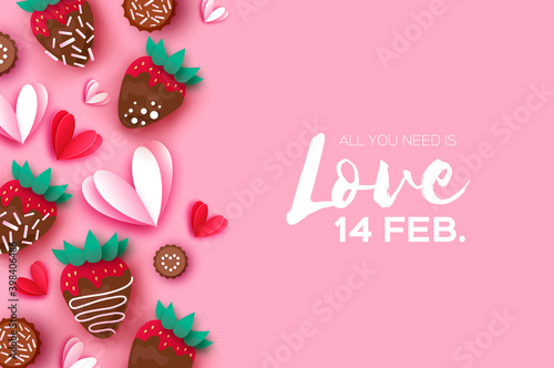 Love Strawberry and Chocolate. Valentines Day Greeting Card. Hearts paper cut style. Sweet dessert, choco candy. Happy Romantic holidays. Space for text. February 14. Pink background.