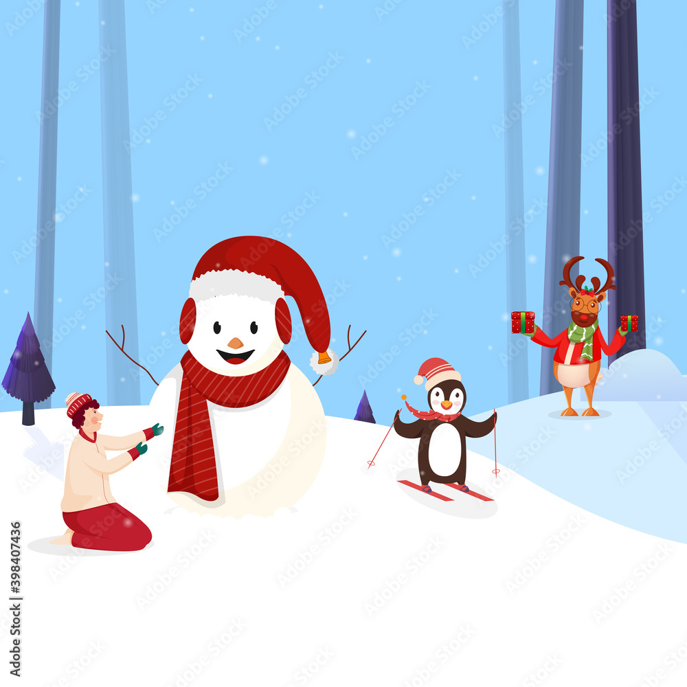 Cheerful Snowman Wearing Santa Hat With Scarf, Cartoon Boy, Penguin And Reindeer On Winter Landscape Background. Cheerful Snowman Wearing Santa Hat With Scarf, Cartoon Boy, Penguin And Reindeer On Winter Landscape Background.