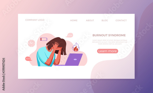 Professional burnout syndrome exhausted woman tired sitting at her workplace in office holding her head 