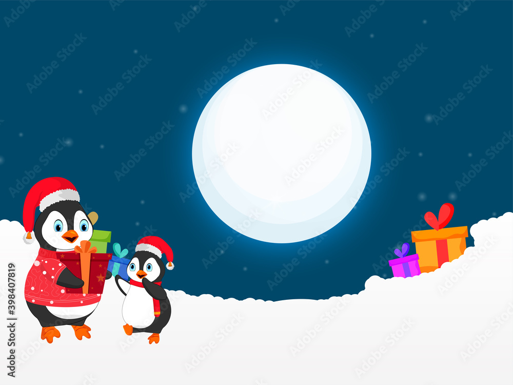 Cartoon Penguins Character With Gift Boxes And Snowy On Full Moon Blue Background. Cartoon Penguins Character With Gift Boxes And Snowy On Full Moon Blue Background.