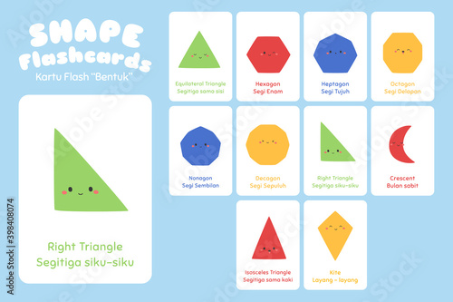 Geometric shape bilingual flashcards vector set. Cute 2D shape educational flashcards for kids.