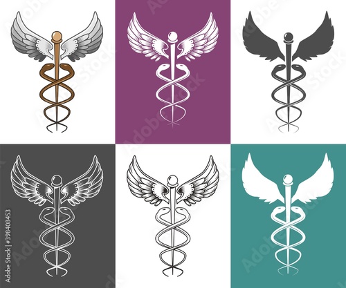 Caduceus medical and health symbol set, vector isolated illustration. Two snakes winding around winged staff instead of the rod of Asclepius. Symbol of Hermes, Greek mythology.