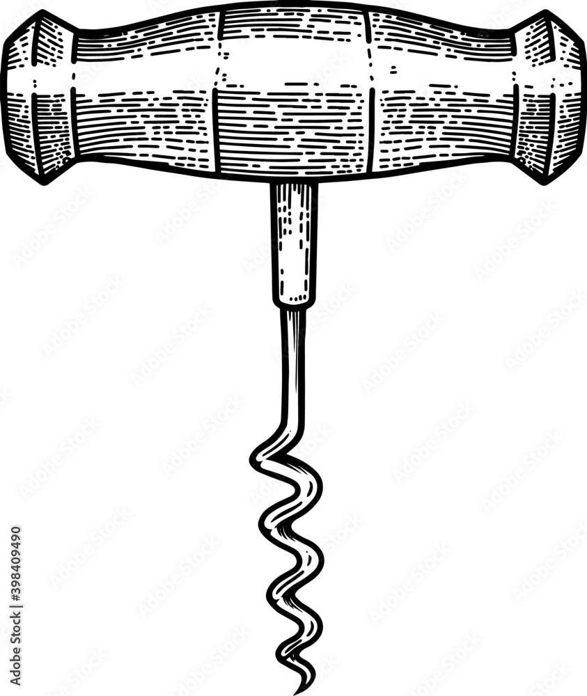 Illustration of corkscrew in engraving style. Design element for poster, card, banner, sign. Vector illustration - obrazy, fototapety, plakaty 