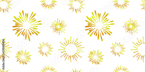Vector Seamless Pattern, Firework Burst on White Backround, Golden Color, Festive Background Template. 
