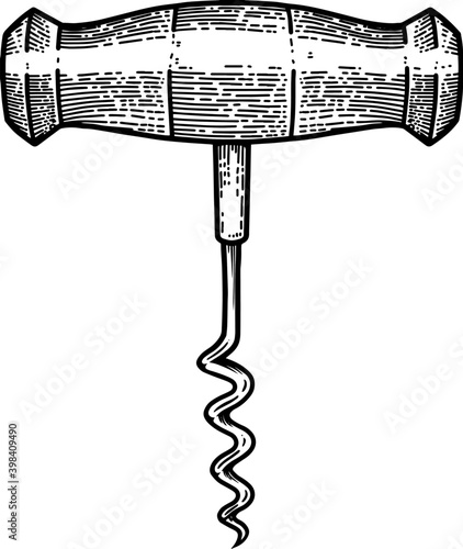 Illustration of corkscrew in engraving style. Design element for poster, card, banner, sign. Vector illustration