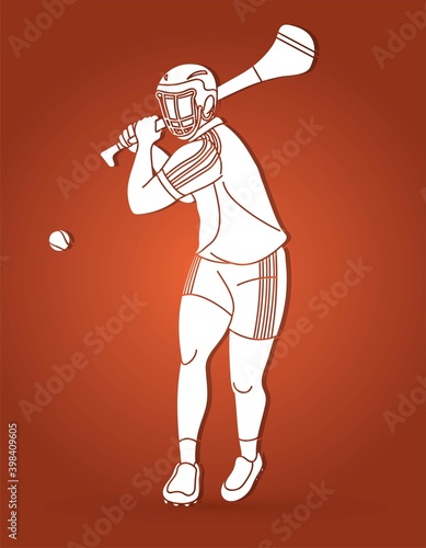 Hurling sport player action. Irish Hurley sport cartoon graphic vector.