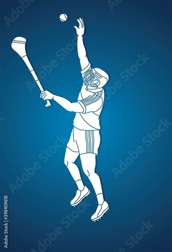 Hurling sport player action. Irish Hurley sport cartoon graphic vector.