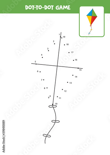 Dot to dot game with kite. Connect the dots. Math game. Dot and color picture.