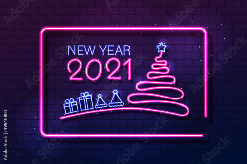 Light banner 2021 Happy New Year Template with neon text and decorations