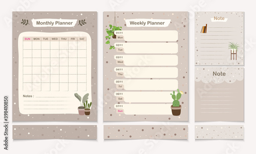 Set of minimal planner templet with monthly, weekly and note page design template