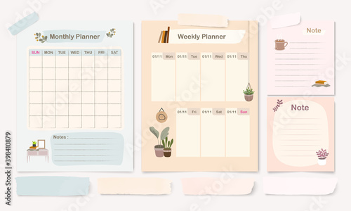 Set of pastel planner templet with monthly, weekly and note page design template