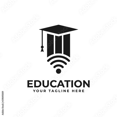 graduation cap, pencil, signal, online, logo design for online education