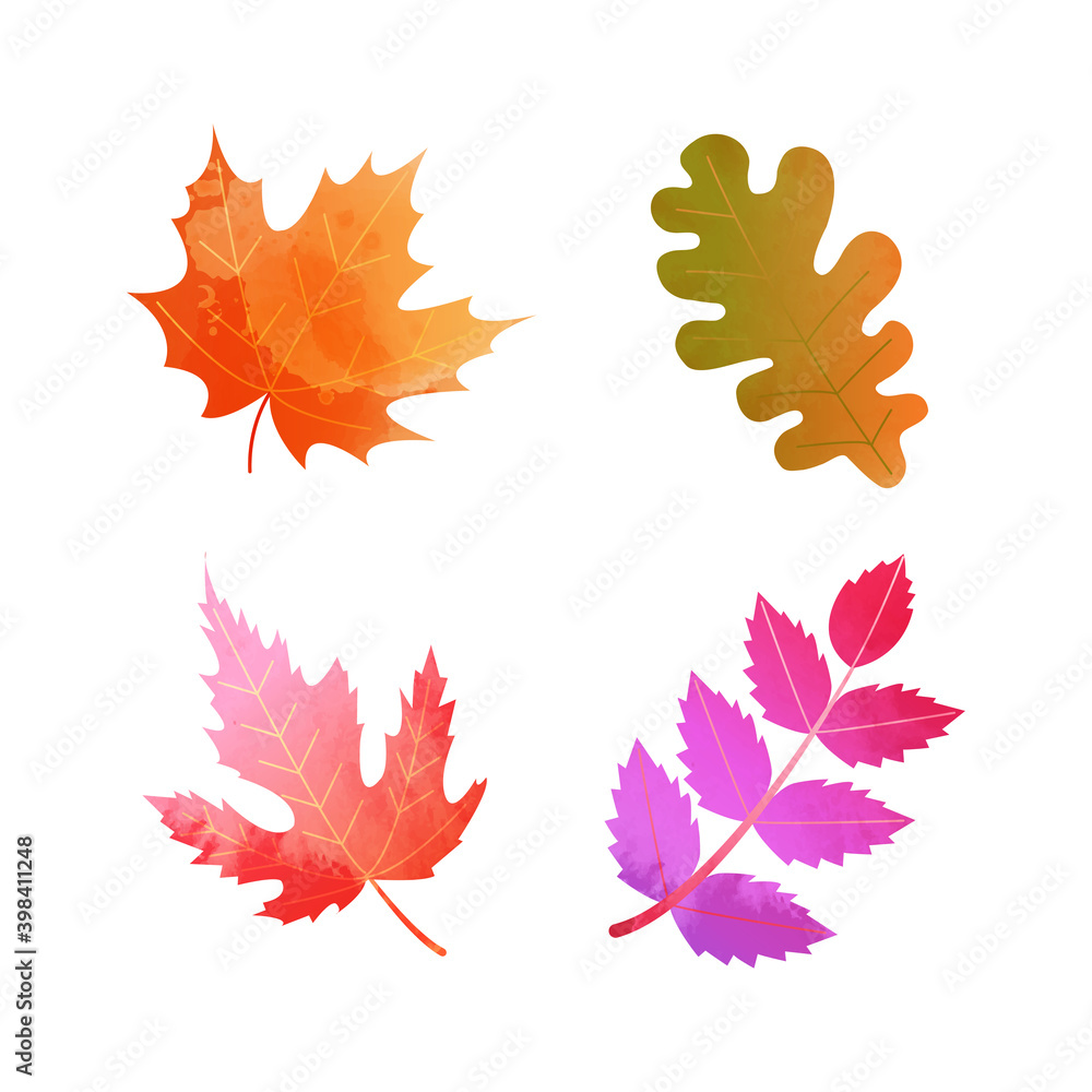 Set of seasonal autumn leaf in vibrant color. Watercolor style decorative vector isolated on white