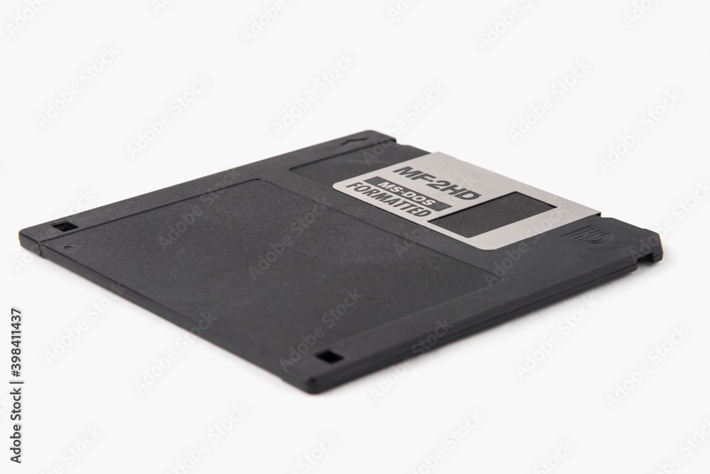 The front of a black floppy disk isolated on a white background The front of a black floppy disk isolated on a white background