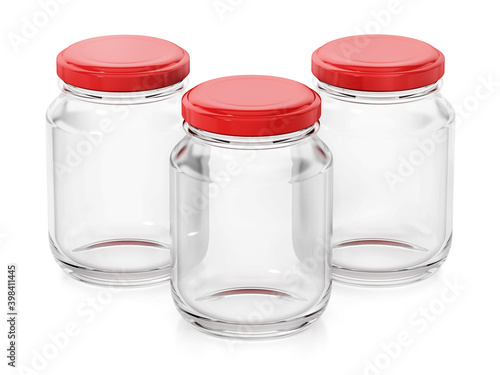 Empty glass jars with red lids isolated on white background. 3D illustration