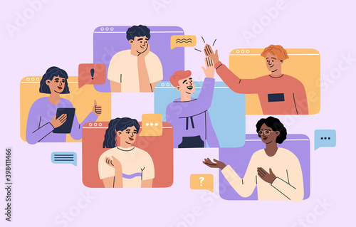 Concept of virtual video conference with group of remote workers on computer screen, online web cam call, smiling men and women have meeting. Vector illustration of communication, flat cartoon style.