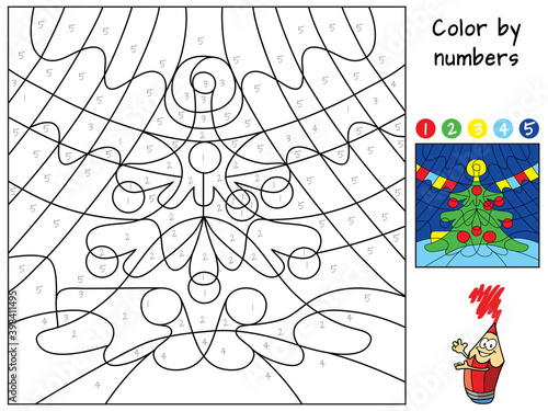 Decorated christmas tree. Color by numbers. Coloring book. Educational puzzle game for children. Cartoon vector illustration