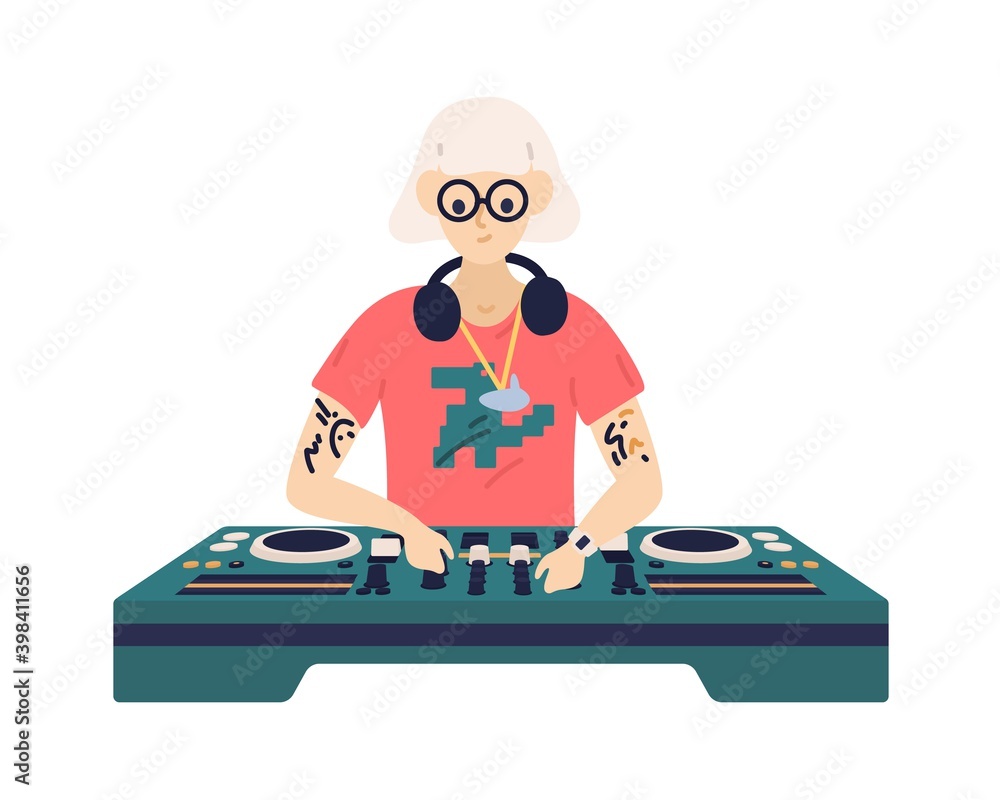 Trendy disc jockey play electronic dance music on dj console. Female  musician mixing sound records on turntable panel. Flat vector cartoon  illustration of music player isolated on white Stock Vector | Adobe